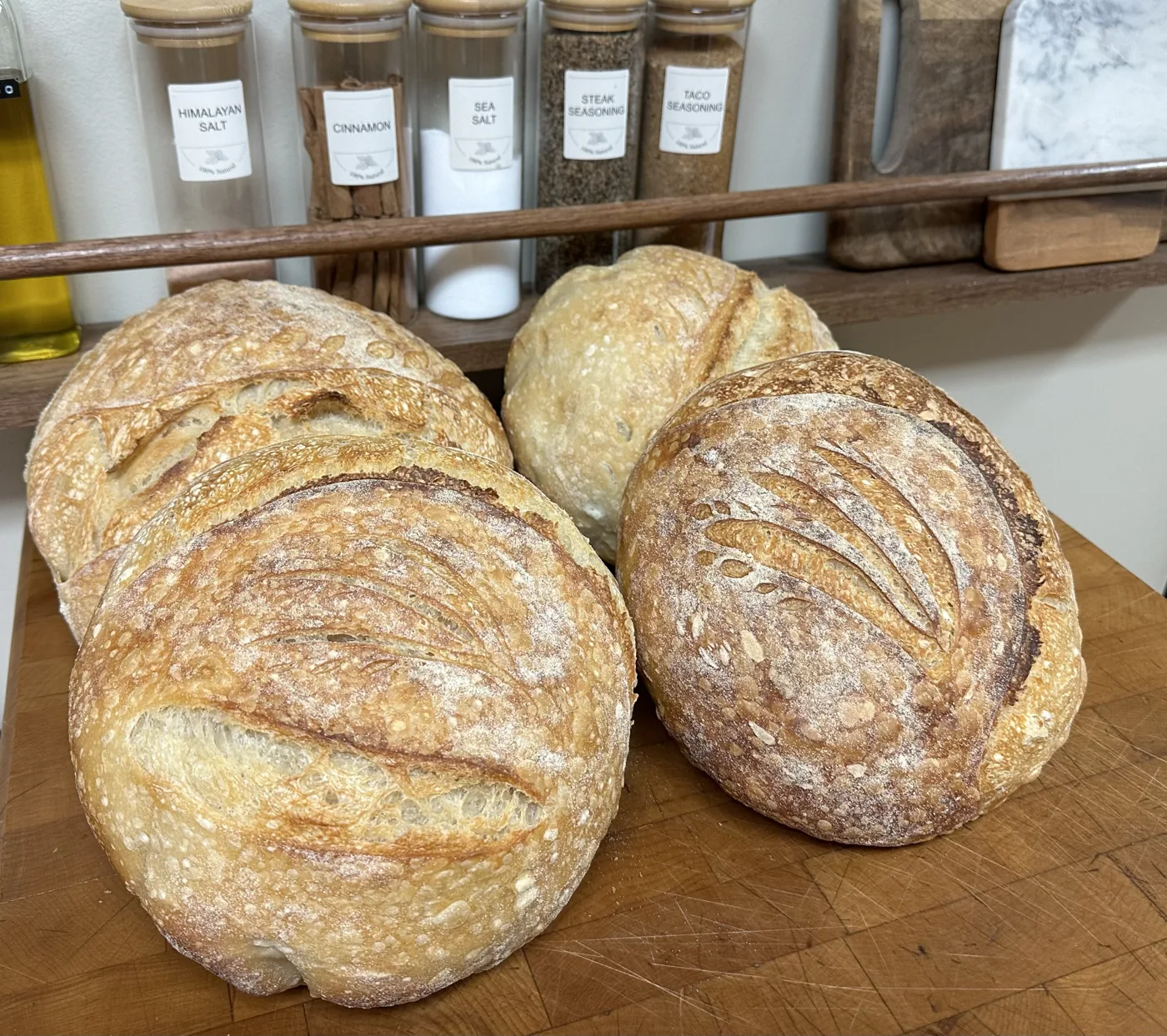 Fresh-baked sourdough loaves on the counter