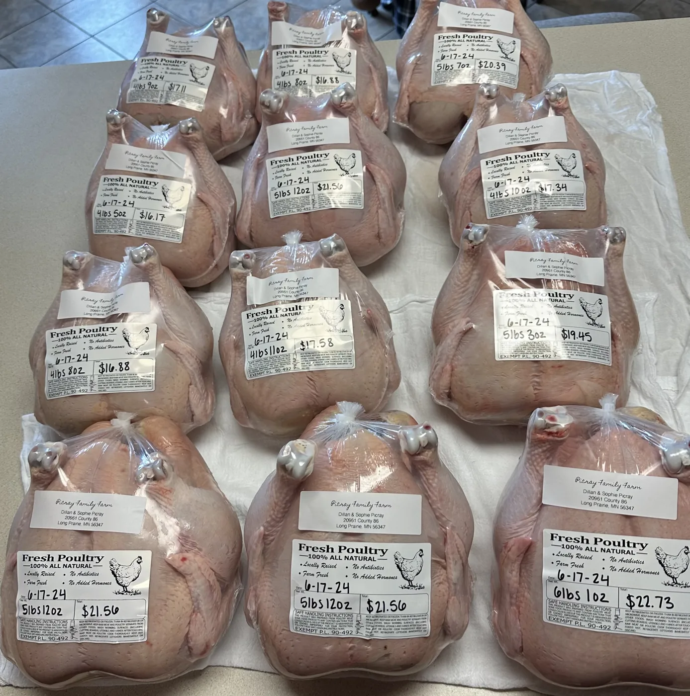 Packaged whole pastured chickens, labeled and ready for the freezer