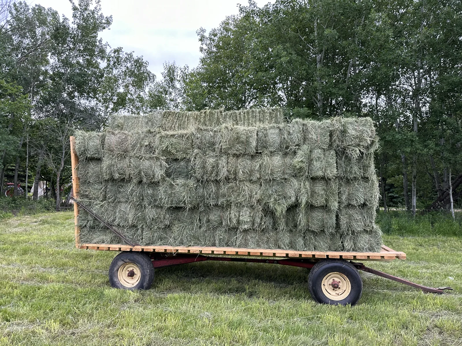 A hay rack stacked high with small square bales